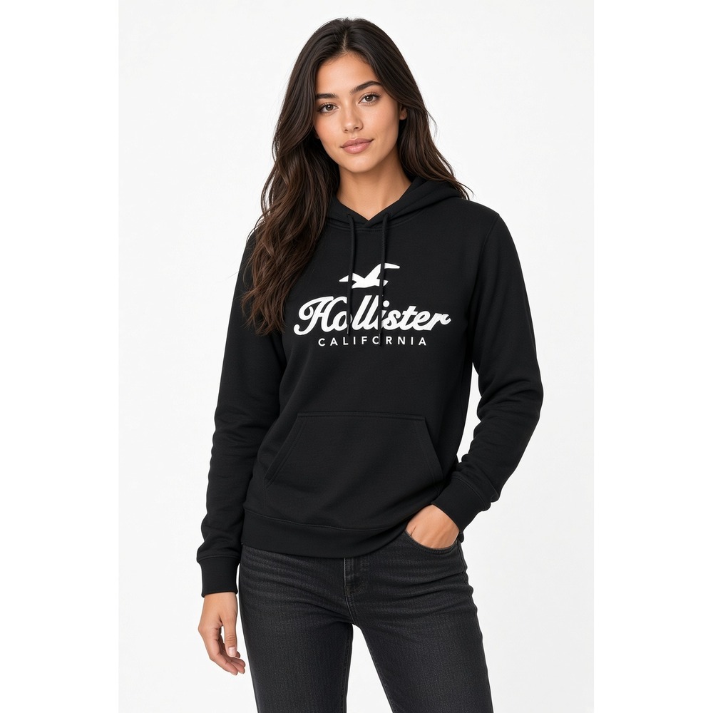 Hollister Womens Fleece Hoodie Black White L Embroidery Chest Logo Drawstring